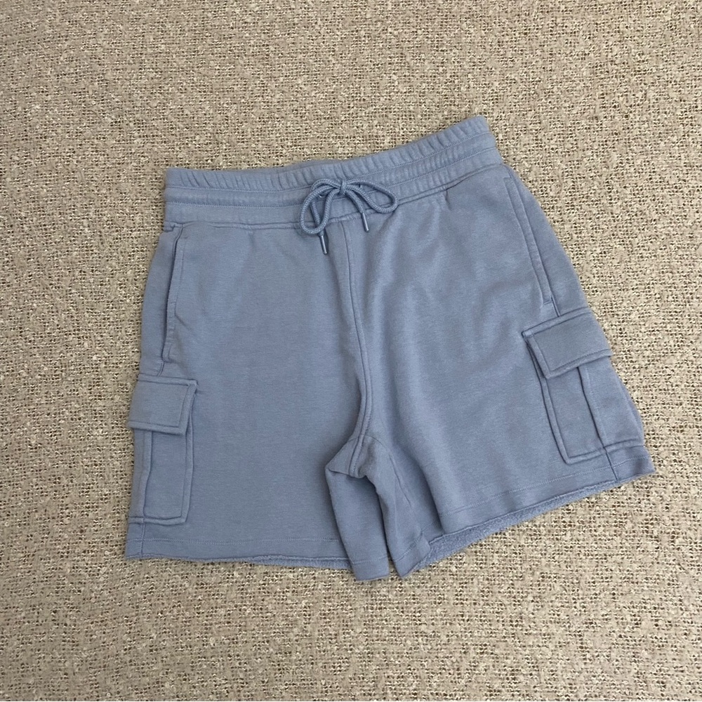 Blue High Rise Cotton Cargo Sweat Shorts